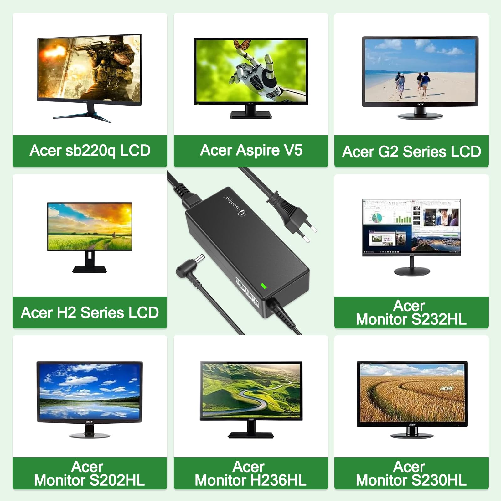 19V 3.42A AC Adapter Ladegerät für Acer Monitor | 19V Netzkabel für Acer-Monitor R240HY SB220Q SA230 S231HL S232HL H236HL S202HL S230HL S240HL S220HQL S271HL(5.5mm*1.7mm)