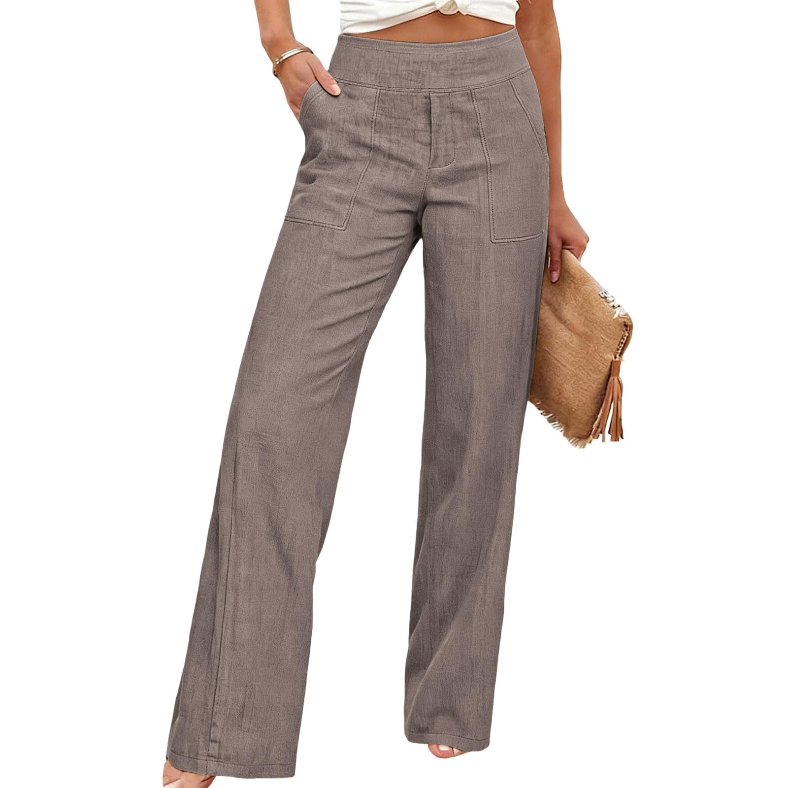 Wide Leg Pants Women Summer Straight Leg Casual Palazzo Pant Cotton Linen Lounge Beach Vacation Trousers with Pockets - 3