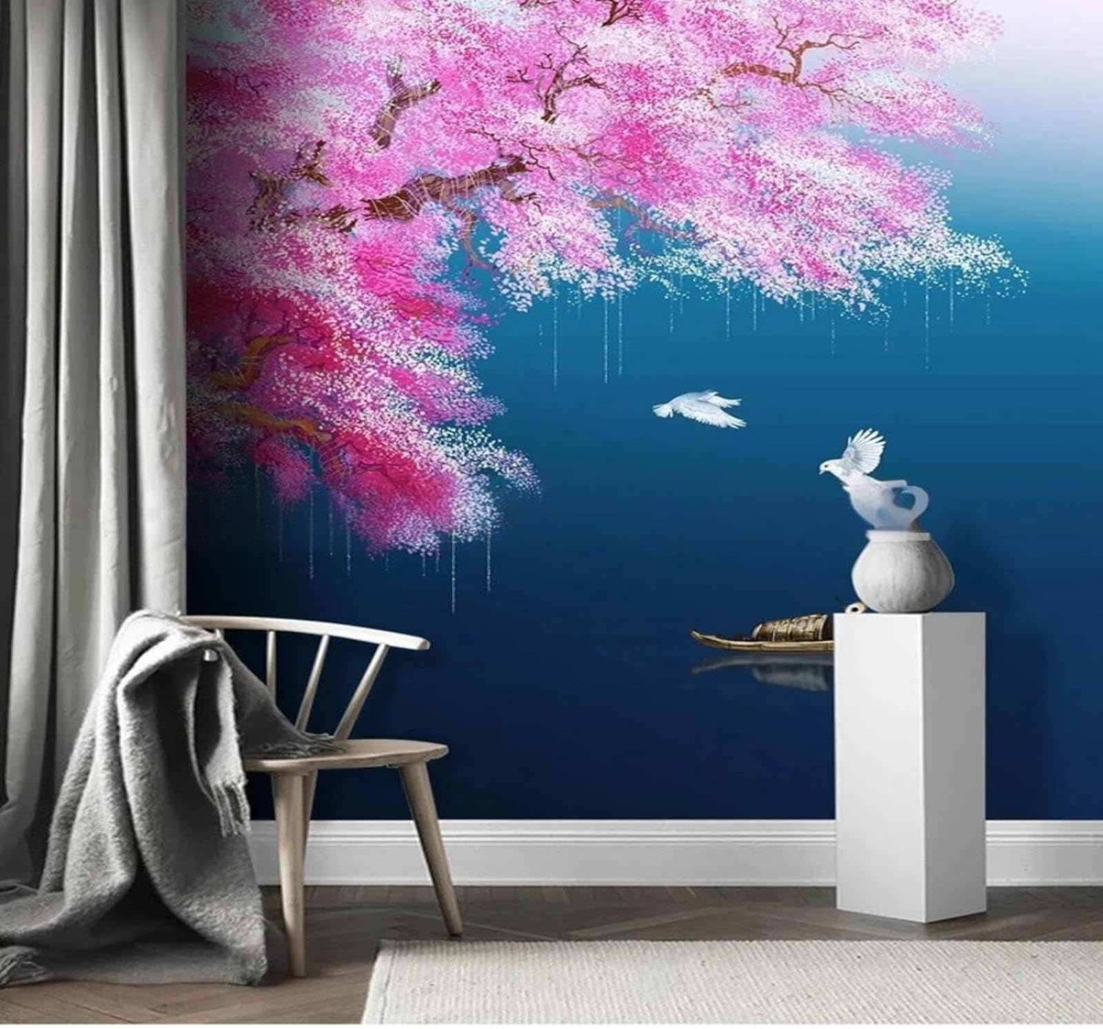 Xlming 150Cm×105Cm(B×H) Pink Ink Peach Blossoms Blue River 3D Wallpaper Premium Textured Silk Study Dining Living Room Bedroom Sofa Tv Wall Easy Install-150Cm×105Cm