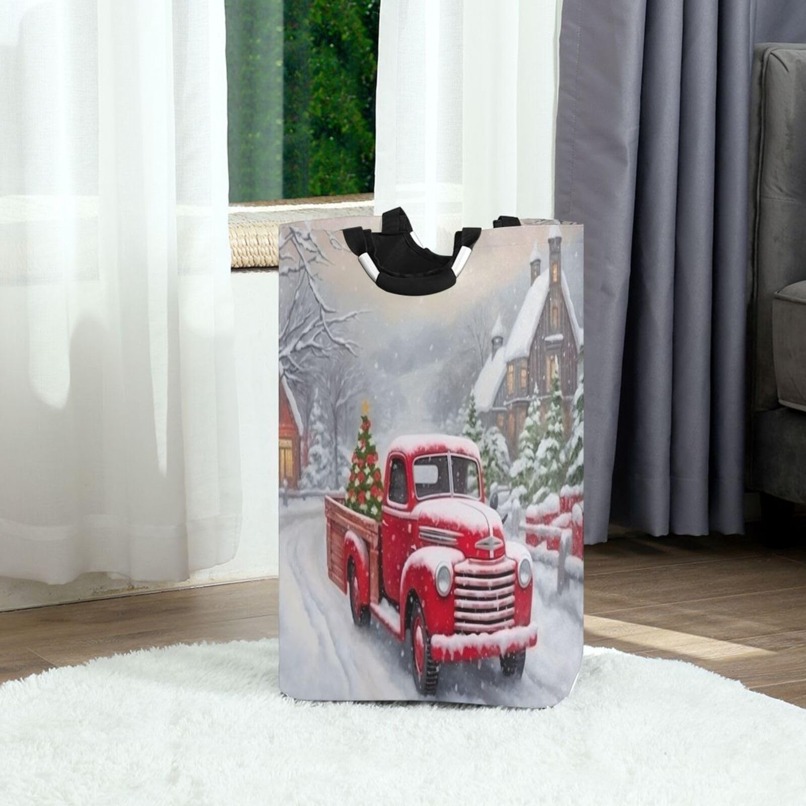 Jihqo Laundry Hamper Basket Christmas Truck Collapsible Nursery Storage Bin Waterproof Clothing Baskets for Home Bedroom Bathroom Washing Room