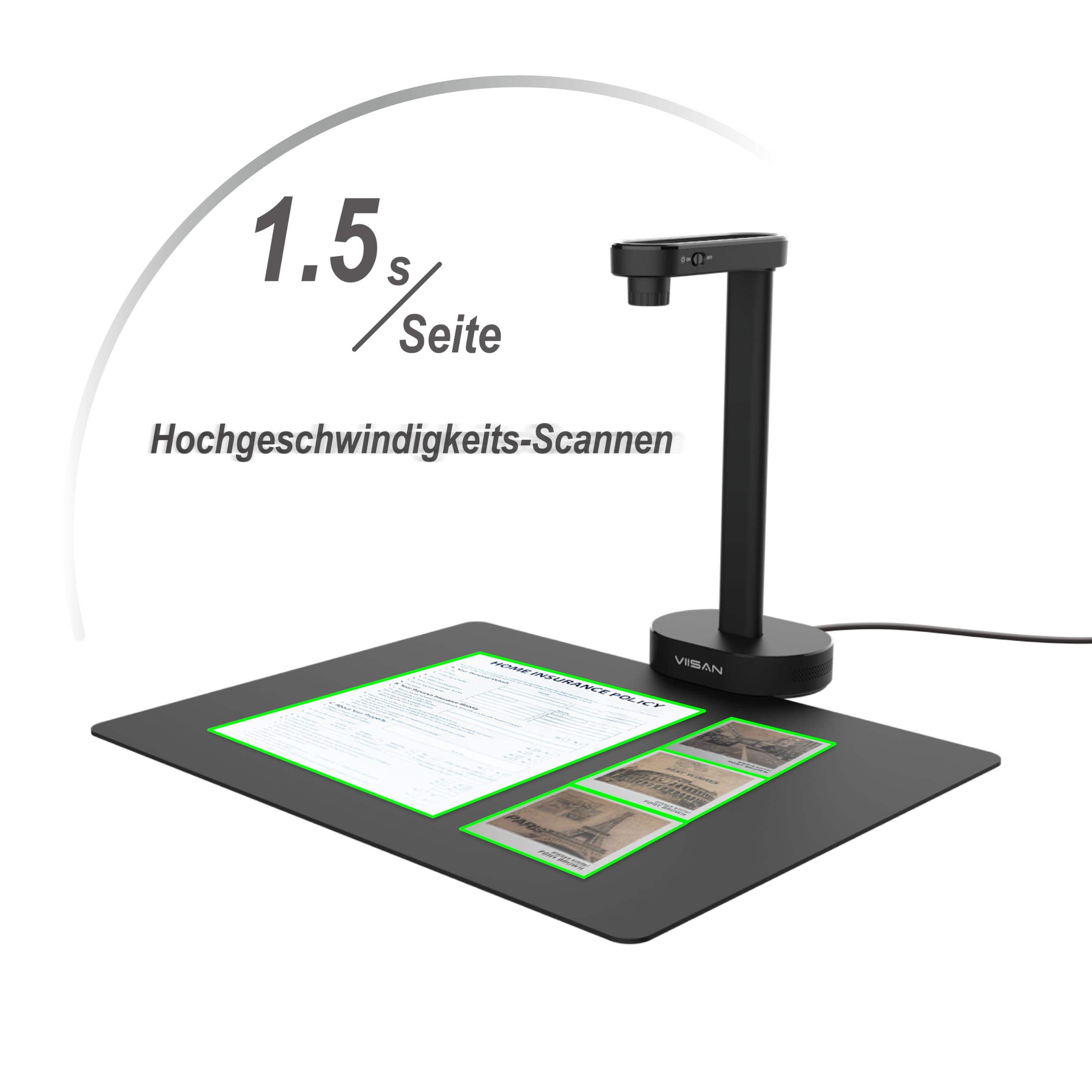 VIISAN Scanner de documents, USB 16 MP, taille d'enregistrement A4, Deskewing, numérisation de documents multipages, technologie OCR et TTS, fonctionne avec Windows et MacOS
