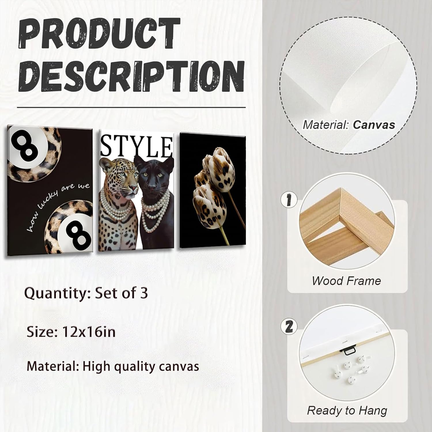 3Pcs Fashion Cheetah Canvas Wall Art Black and White Lucky 8 Ball Pictures Wall Decor Trendy Leopard Floral Aesthetic Posters Prints for Bedroom Apartment Dorm 12x16in