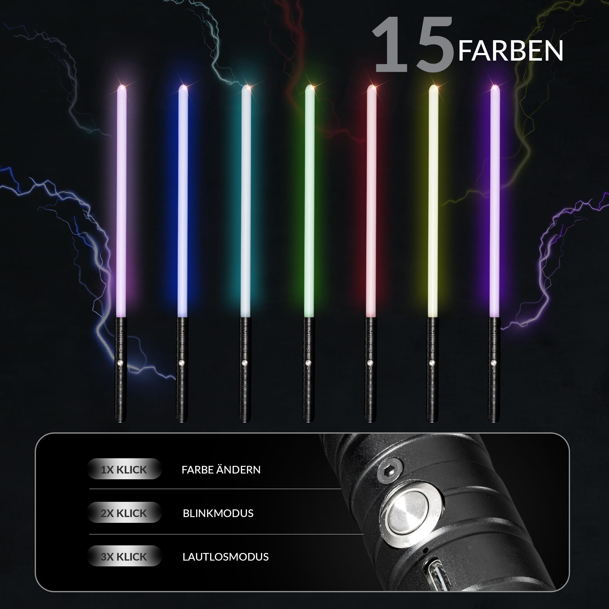 Laserschwert Kinder und Erwachsene - Lichtschwert 2er Set | USB Wiederaufladbares Doppel Leuchtschwert | Doppelklingen Lichtschwerter mit 15 Farben & Soundeffekten | Schwert mit Schwarzem Metallgriff