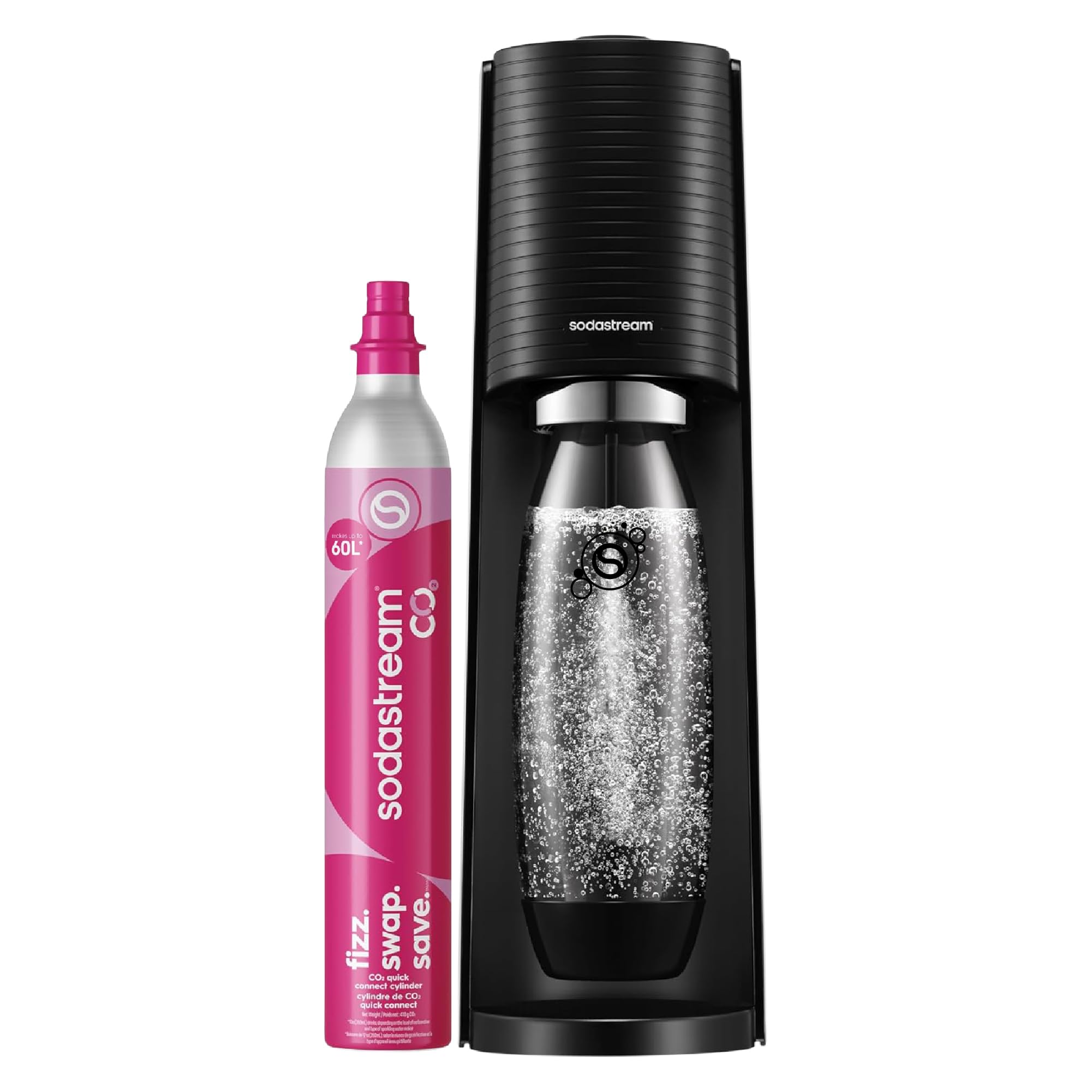 SodaStream TERRA Sparkling Water Maker, Soda Stream Machine Starter Kit with 1 CO2 Quick Connect 60L Gas Cylinder and 1 Reusable BPA Free Bottle, Make Pepsi at Home, Black