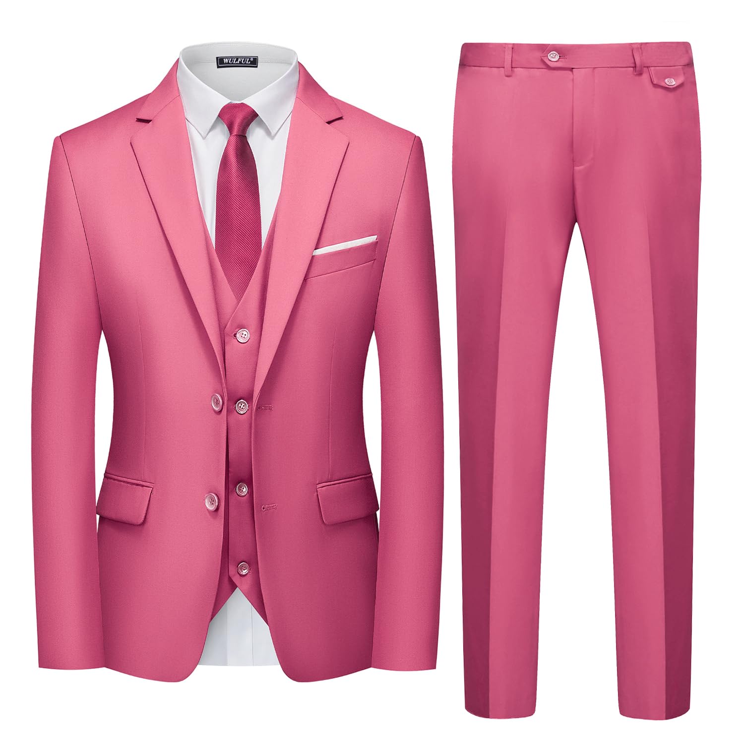 WULFULMen's 3 Piece Slim Fit Suit Set Two Button Blazer Jacket Vest Pants Tuxedo Set for Party, Wedding and BusinessGlobal Recycled StandardGlobal Recycled StandardGlobal Recycled Standard