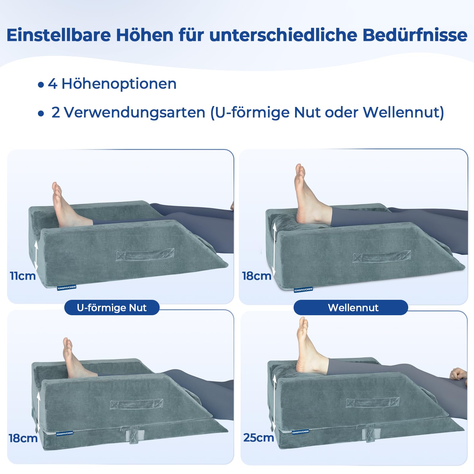 KingPavonini 4 höhenverstellbare Venenkissen Beinhochlagerungskissen für post-Op., ergonomischer Kurve, Memory-Schaumstoff für Beinschwellungen & Schmerzlinderung, Genesungshilfe nach Knie-OP ein Bein