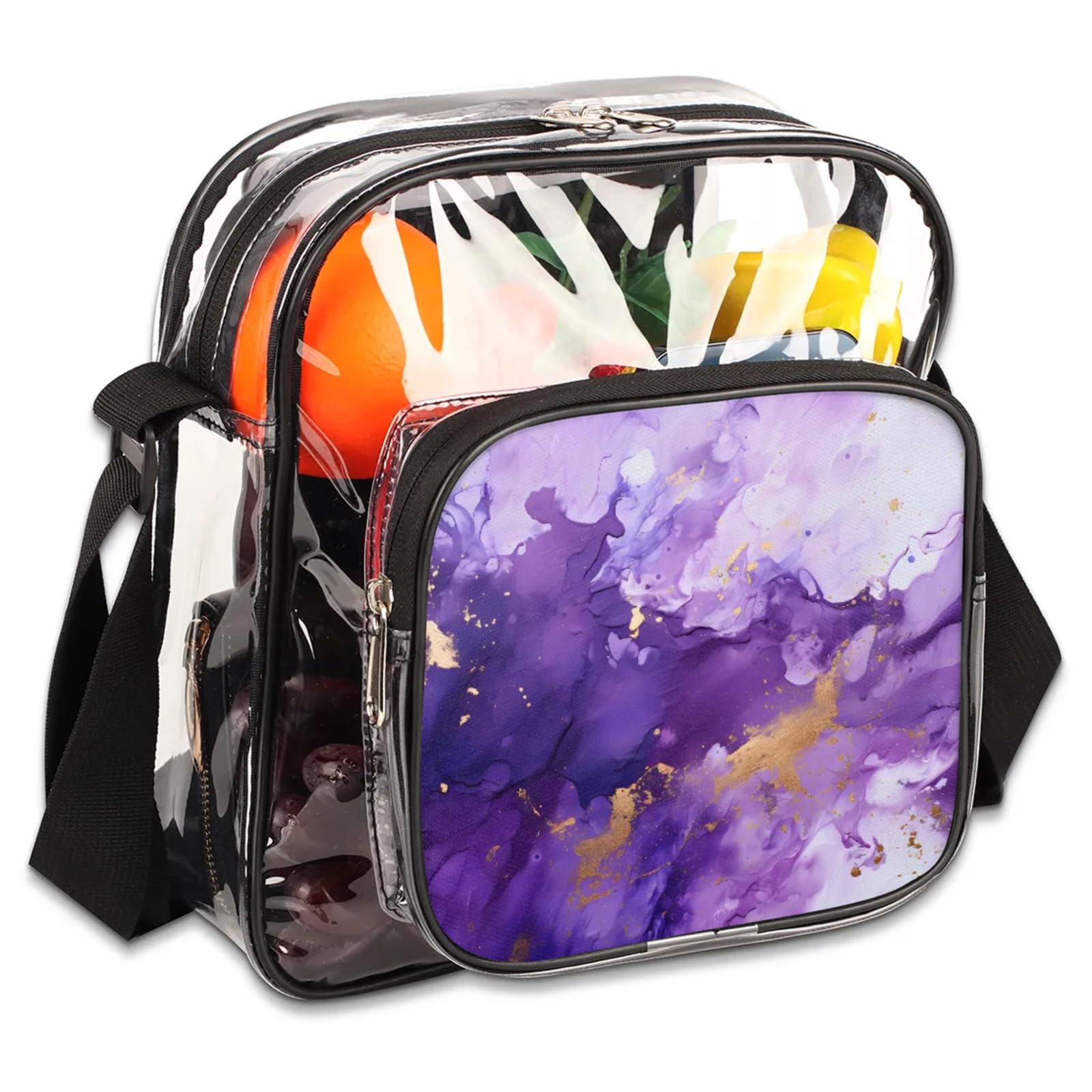 Clear Crossbody Bag Stadium Approved Purple Dynamic Fluid Design Transparent Bag for Festivals, Sports Events, Concerts,Beach Bag for Women Men Clear Purse with Front Pocket Messenger Bag