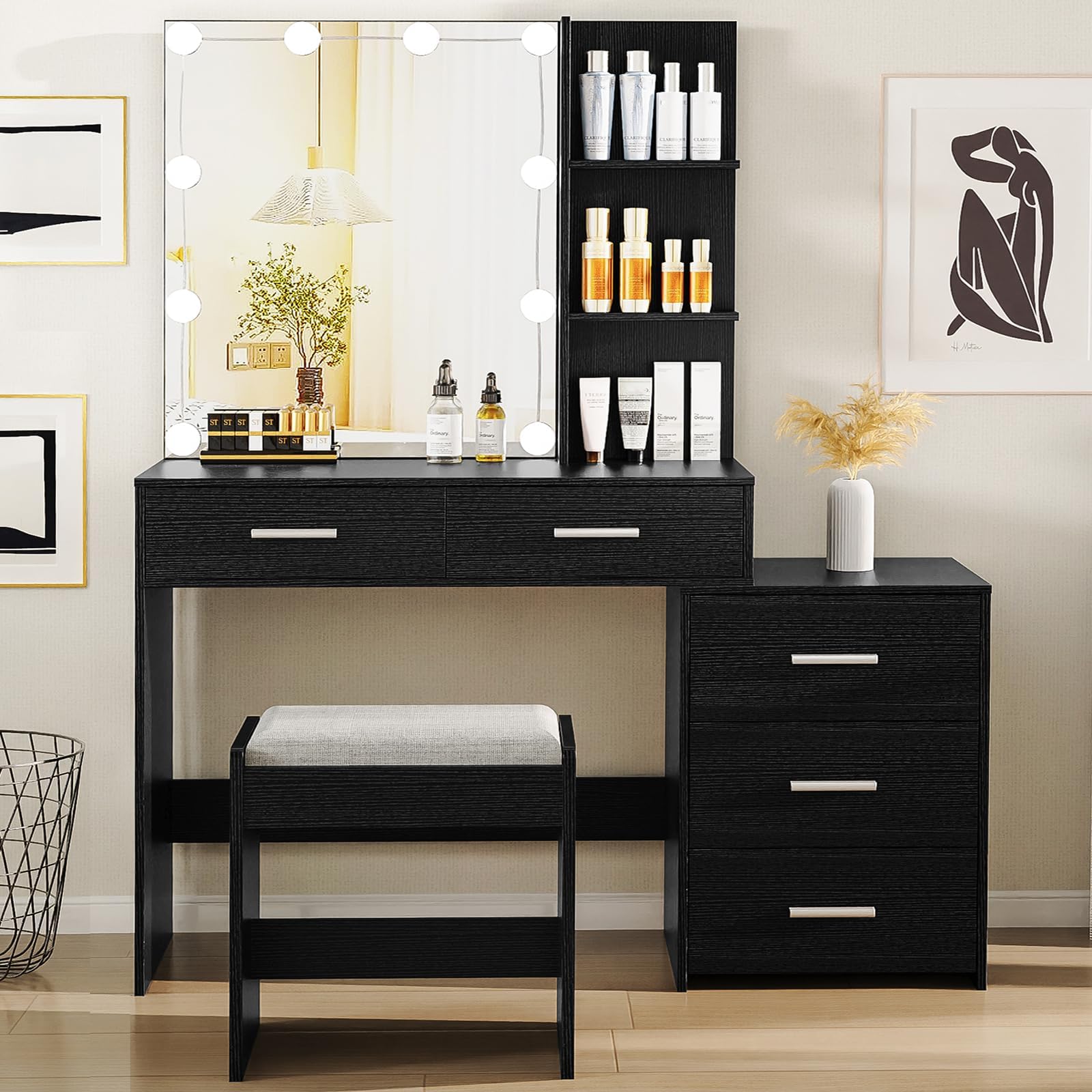 FAMAPY Makeup Desk Vanity Desk with Sliding Lighted Mirror