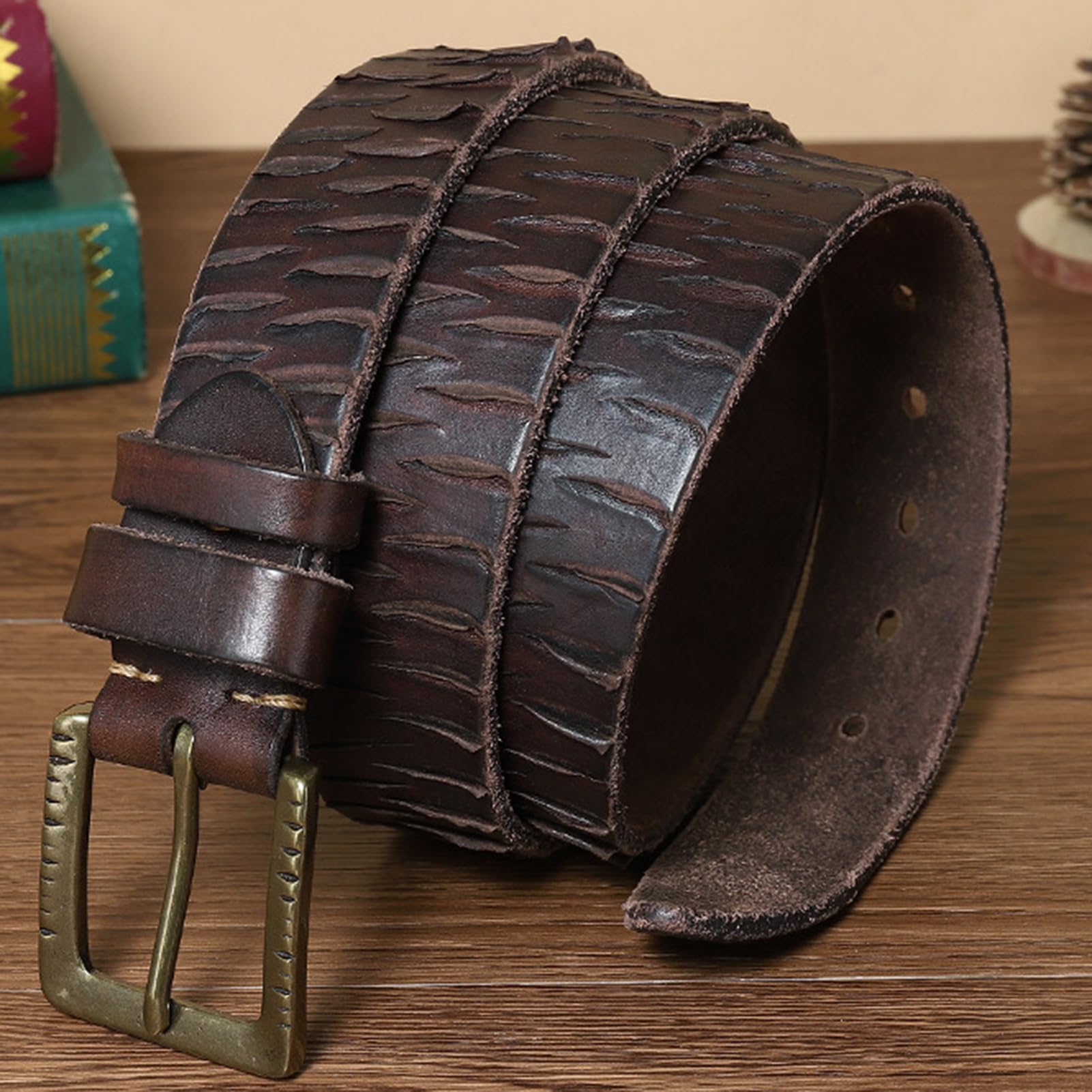 Pasek Do Jeansów Casualowy Ze Skóry Bydlęcej O Grubości 5 Mm, Zatrzaskowy, Tłoczony, Miękki, Vintage, Naturalnej, Sprzączką, 1 1/2"