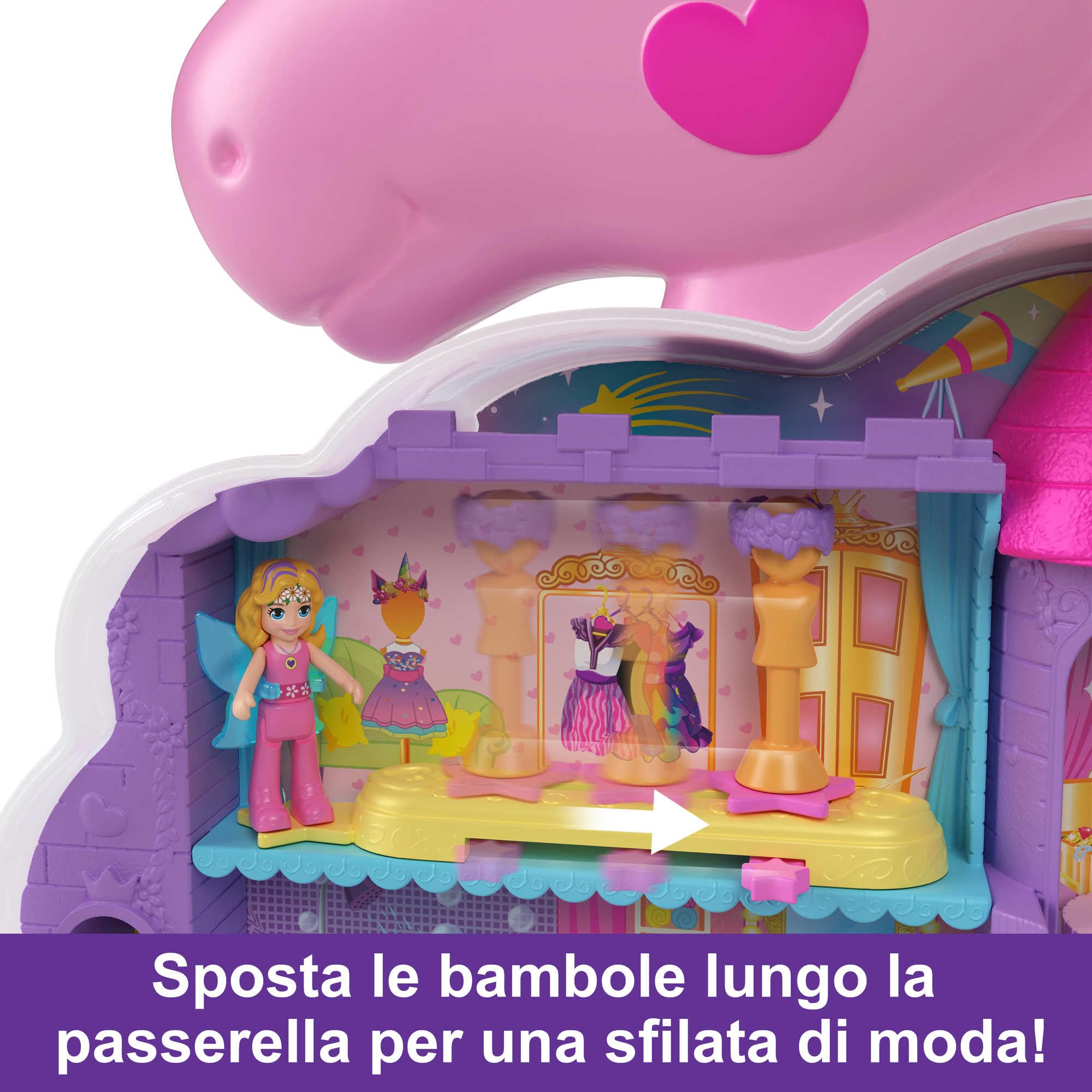 Polly Pocket - Salone di Bellezza Unicorno Arcobaleno, playset cofanetto con unicorno con testa pettinabile e 2 micro bambole, oltre 25 accessori, giocattolo per bambini 4+ anni, HMX18