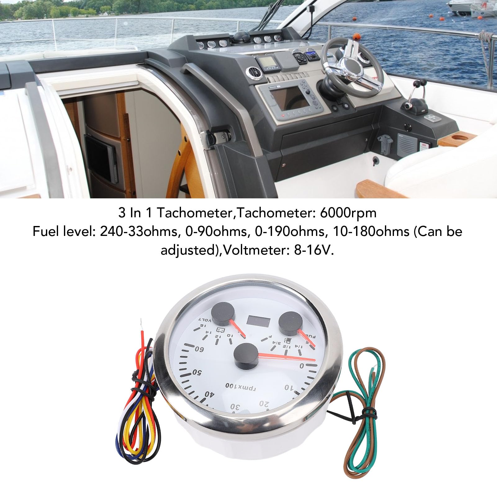 Tacómetro 3 en 1 de 85 Mm, Voltímetro Marino, Lecturas Precisas para Coche, Barco, Camión (Esfera blanca y bisel plateado CX8296)