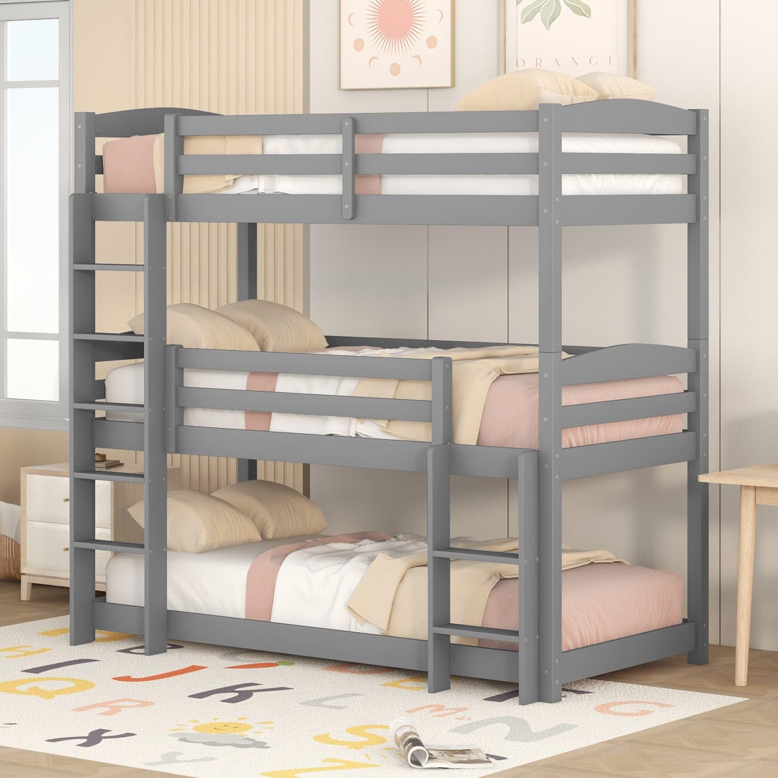 KOMHTOM Lit Superposé Triple en Bois avec 2 échelle Latérale, Cadre de lit Plateforme avec Clôture de Sécurité, Lit Simple, Support à Lattes(sans Matelas,90 x 200CM) (Gris)