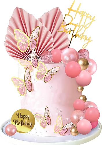 Decoración de pastel de feliz cumpleaños, bolas rosadas, decoración de tartas, bolas de mariposa, decoración de pasteles para baby shower, boda,