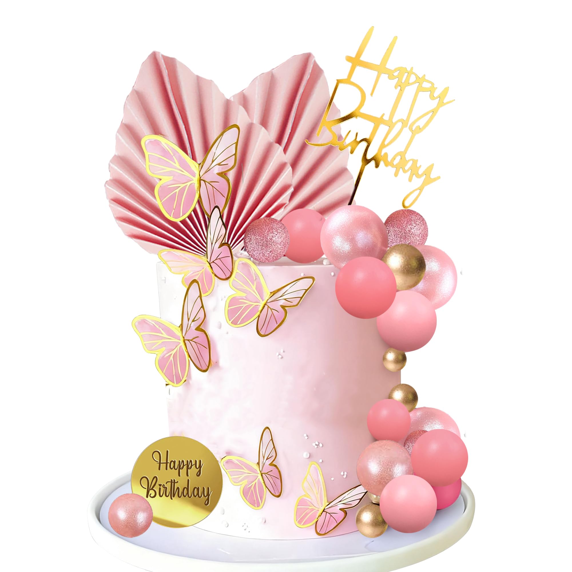 20 PCS Boho Cake Topper Blue BSL1 Flower Cake Toppers Flower Palm Leaves Faux Flowers Butterfly Balls Butterfly Cake Topper Decorations Baby Sho - View #3