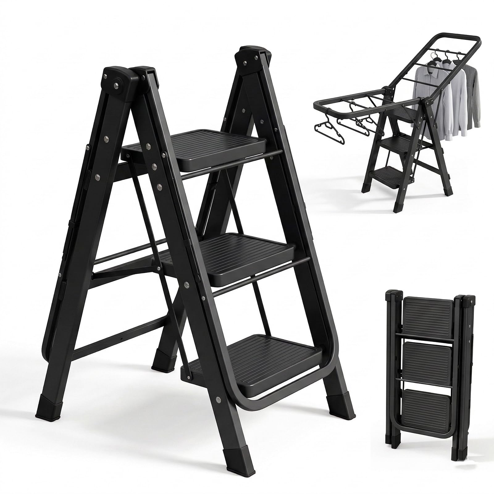 2-in-1 Folding 3 Step Ladder & Clothes Drying Rack – Heavy Duty Stepladder with Wide Non-Slip Treads – Ultra-Slim Indoor Laundry Airer & Kitchen Steps for Home Use