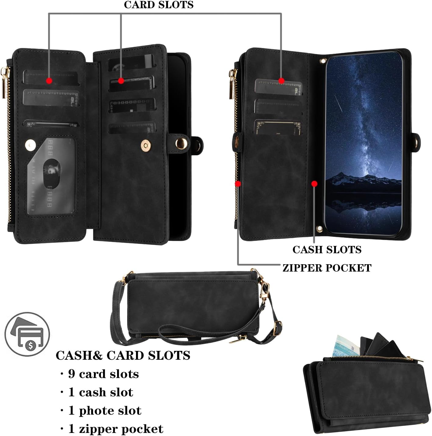 Samsung Galaxy S25 Wallet Case for Women Men with RFID Blocking Card Holder, Pu Leather Magnetic Snap Zipper Wallet for Galaxy S25,Black