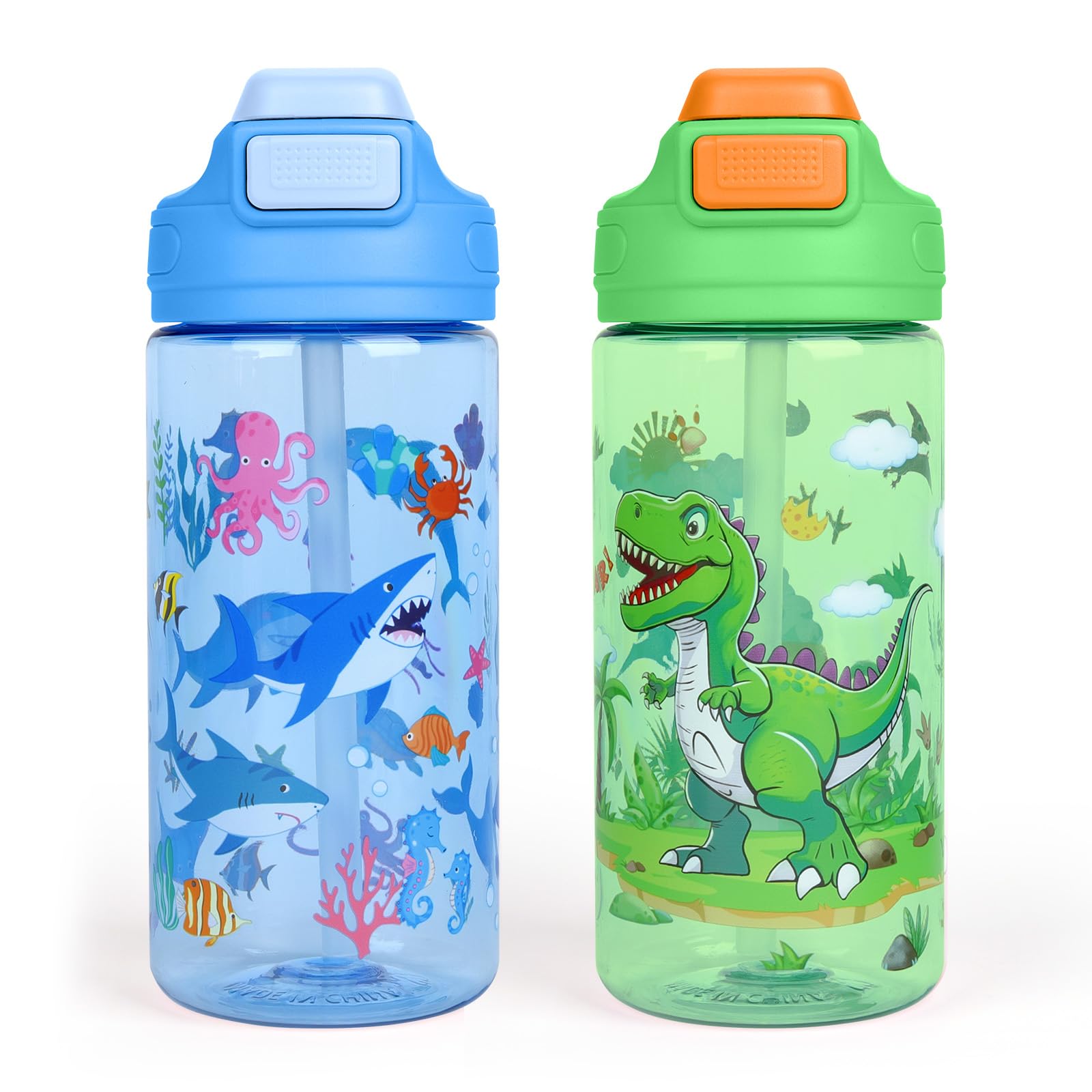 Kids Water Bottle with Straw,2 Packs 480ml BPA-Free Childrens Water Bottle with Carry Handle,Leakproof Water Bottle for Kids Boys,Drinks Bottle for School Travel Sports-Blue Shark+Green Dinosaur โ image 1