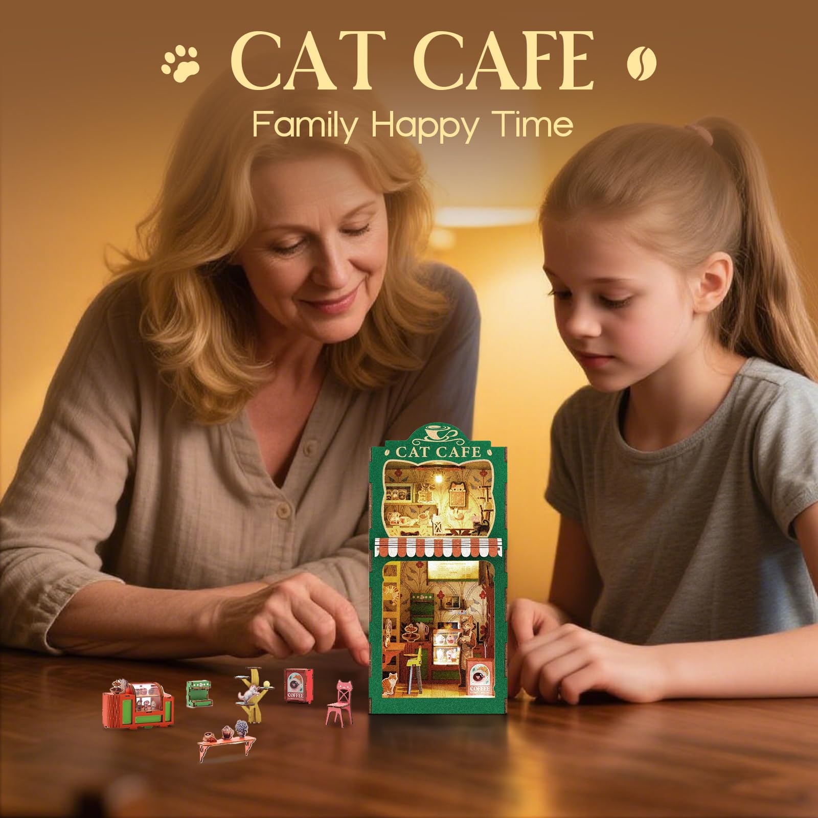 Kit fai da te, puzzle in legno 3D, in miniatura, con illuminazione a LED, set fai da te per adulti, casa delle bambole fai da te (caffetteria del gatto)