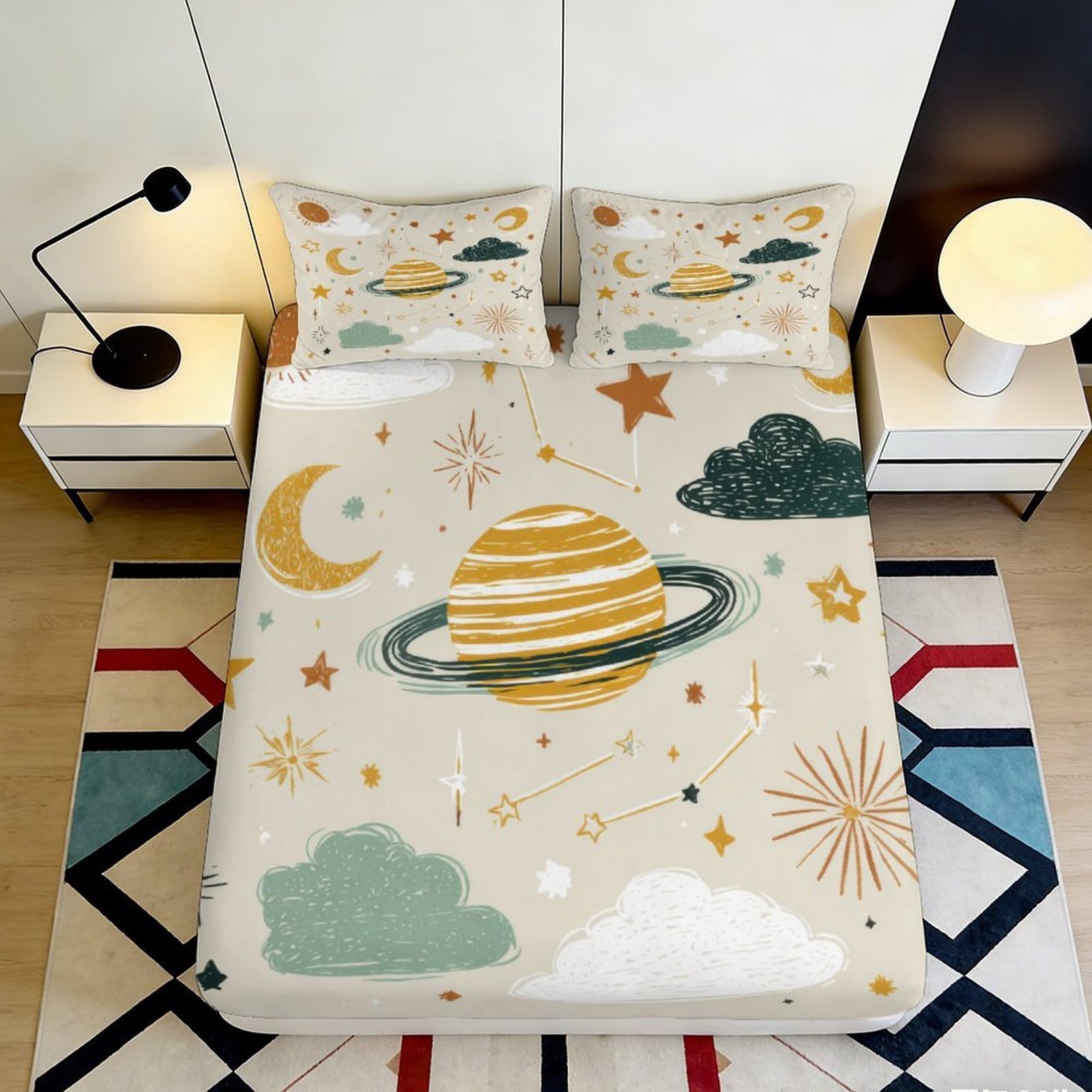 3D Printed Saturn Planet Fitted Sheet Microfiber Soft Breathable Space Universe Mattress Cover for Bedroom Dorm Decor 90x200x25cm