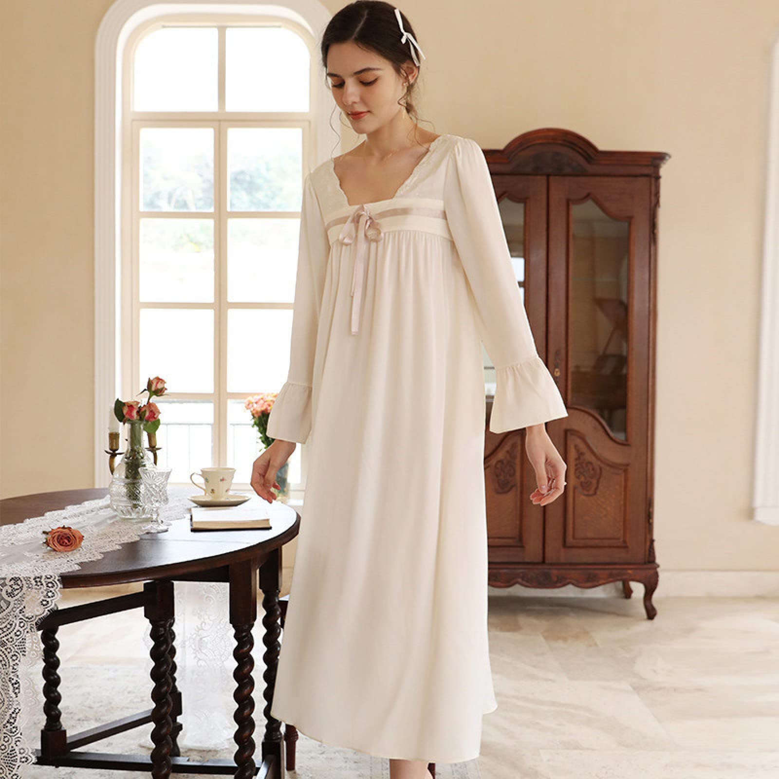 OFFSUM Camisón De Pijama De Mujer - Primavera Verano Cuello Cuadrado Satén Camisón Elegante Bowknot Dulce Vestido Estilo Chino Color Sólido Camisón Ropa