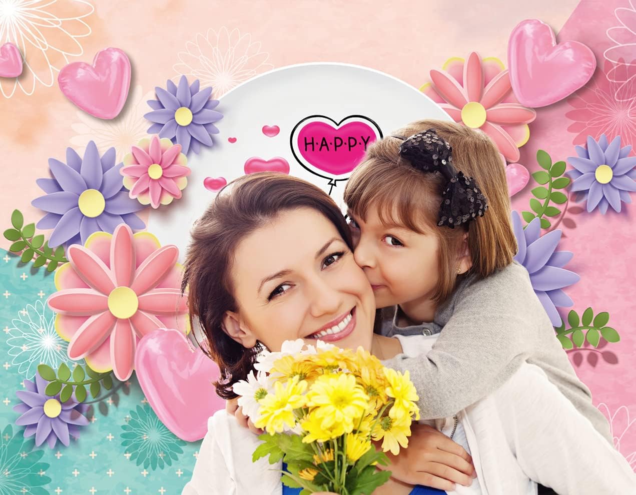 10X8FT Happy Mother's Day Backdrops Mother's Day Decorations Pink and Blue Flower Vinyl Backdrop Photography Background DH-301