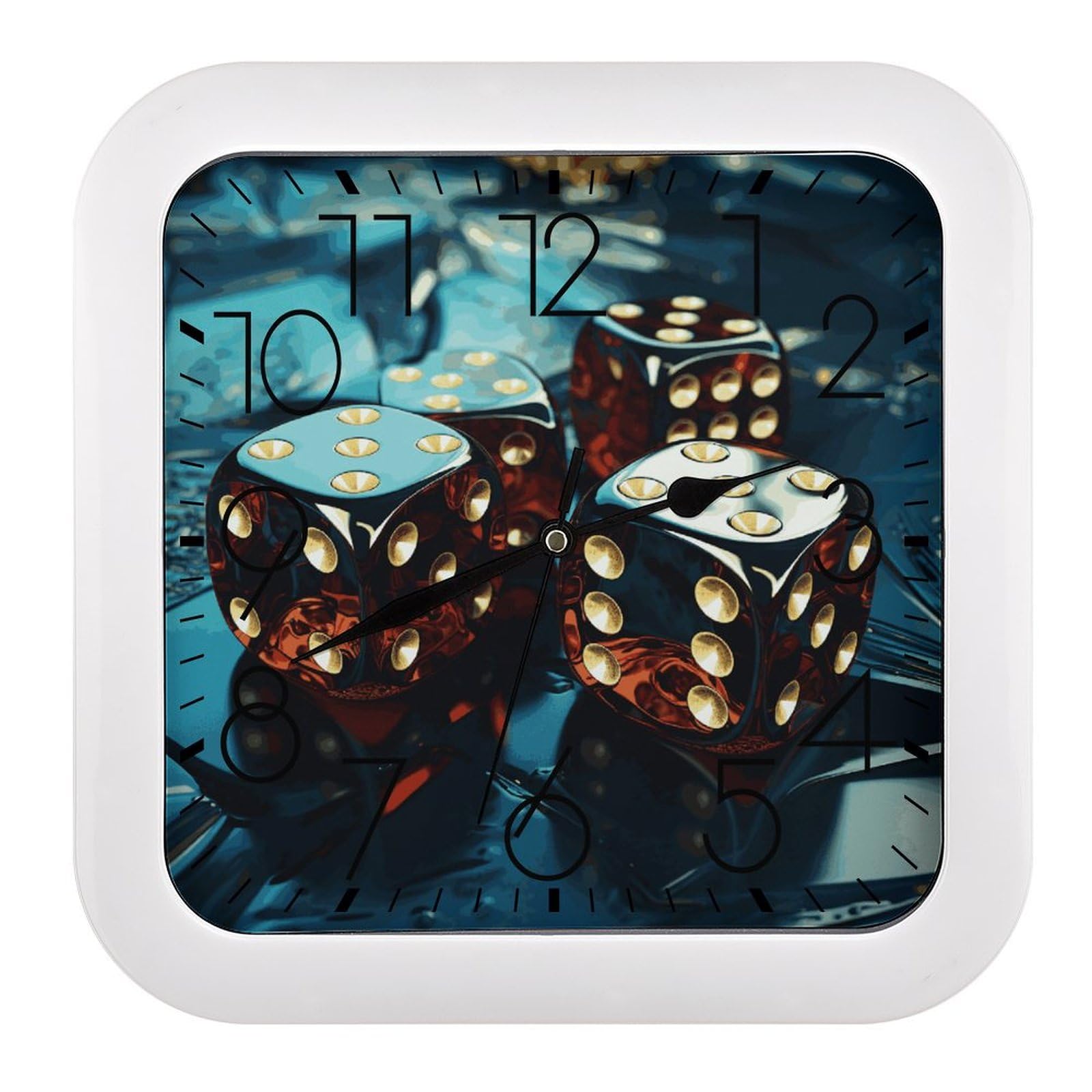 Horloge murale carrée de 25,4 cm avec motif de dés et mécanisme silencieux
