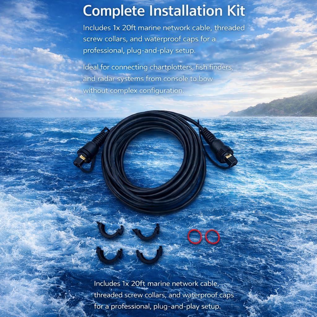 20ft Marine Network Cable, RJ45 Male to Male Ethernet Cable Compatible with Garmin GPSMAP, Fish Finder, Radar, GMS 10 (Ref. 010-10551-00)