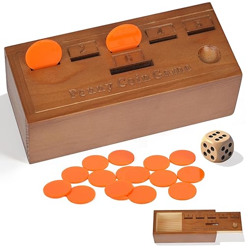Penny Coin Game, Wooden Board Game with Dice and Coins,