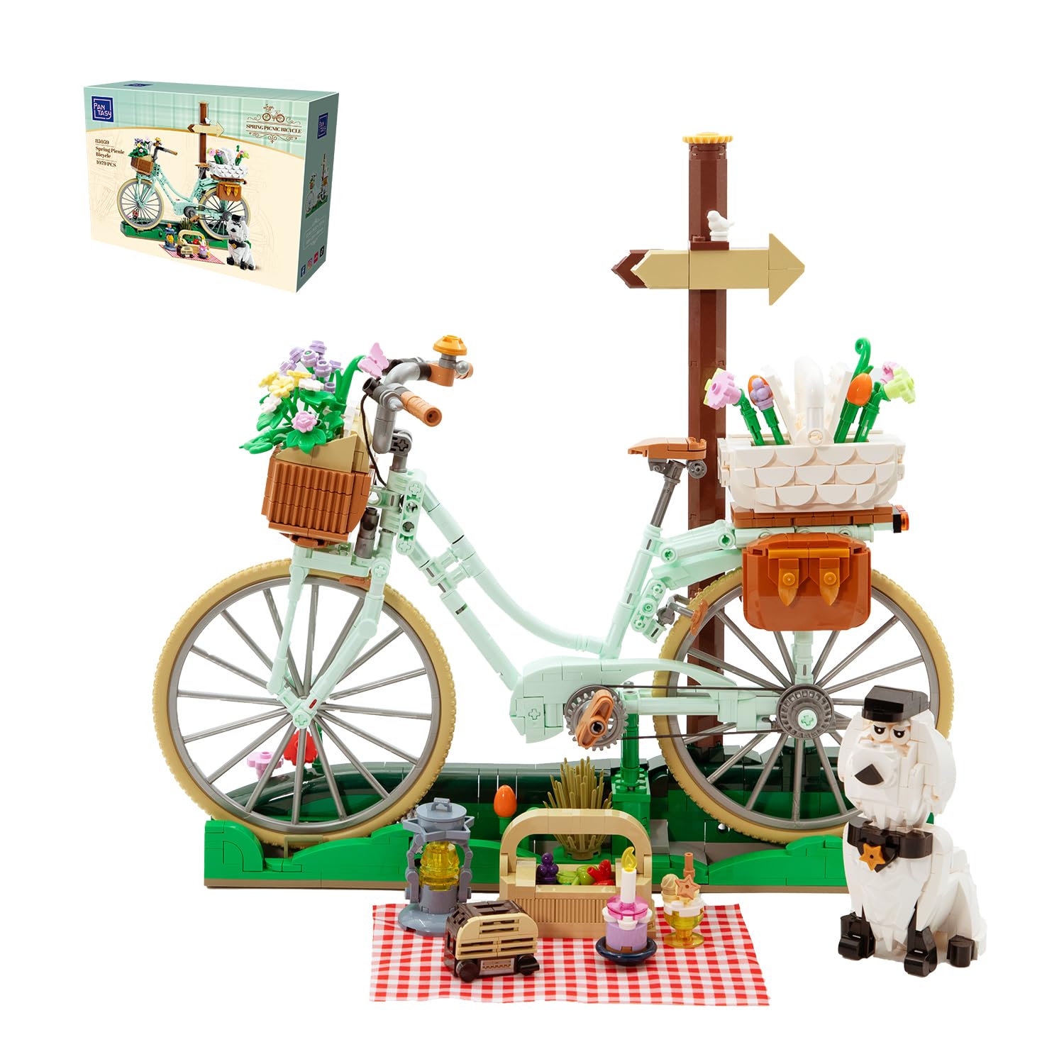 PANTASY Blumen Fahrrad Klemmbausteine Set, Vintage Deko Modell | Blumen Fahrrad Bauset für Erwachsene, Vintage Deko Modell mit Blumenkörben, Picknick Szene, Welpe, Geschenk