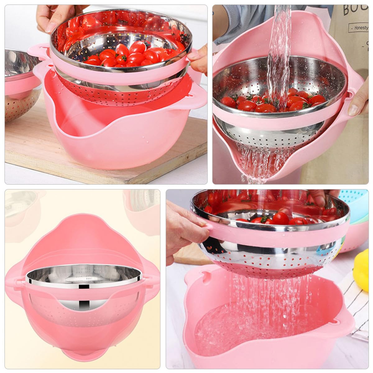 Baluue Verdicktes und Edelstahl mit Großem Fassungsvermögen Reiswaschsieb Doppeltem Design Praktisches Küchensieb in Rosa mit Rutschfesten Füßen für Spülbecken