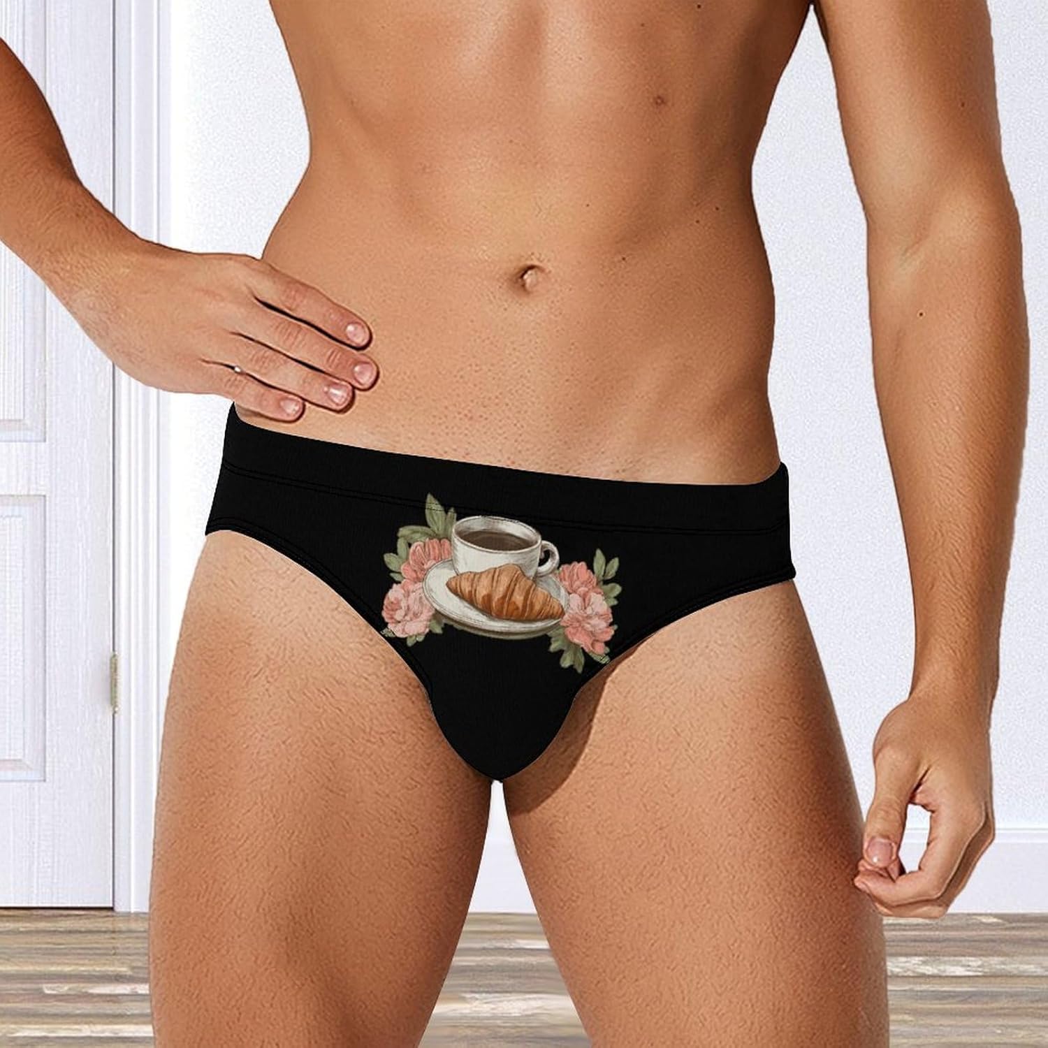 Coffee Croissants Breakfast Men's Swimwear Bikini Swimming Briefs Stretchy Swimsuits Board Surf Shorts Trunks