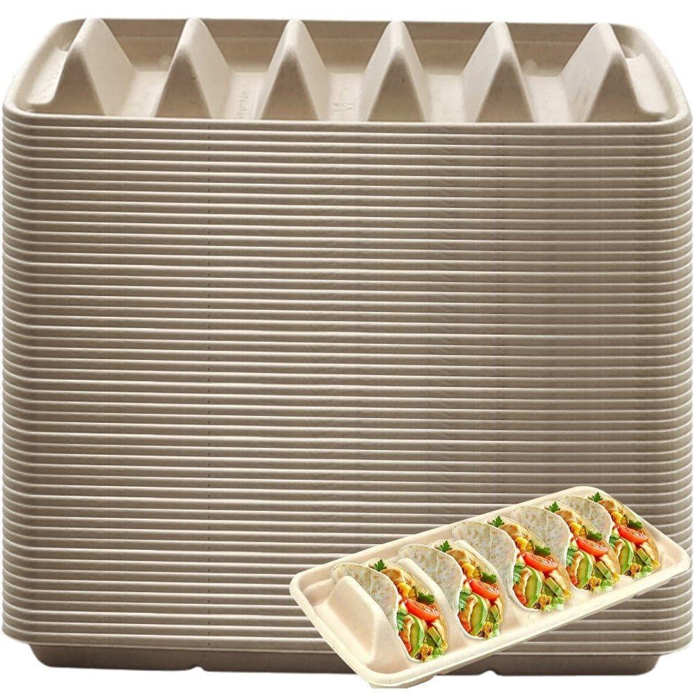 Assiette à Tacos Recyclable Anti-Renversement | Plateau Rigide 50 Pièces en Bagasse