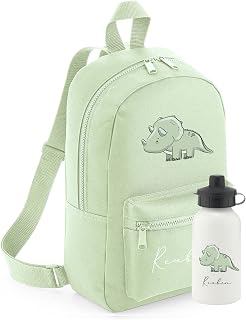 Personalised Rucksack Dinosaur Backpack And Water bottle Back to school Nursery PE bag Triceratops Green childrens backpack