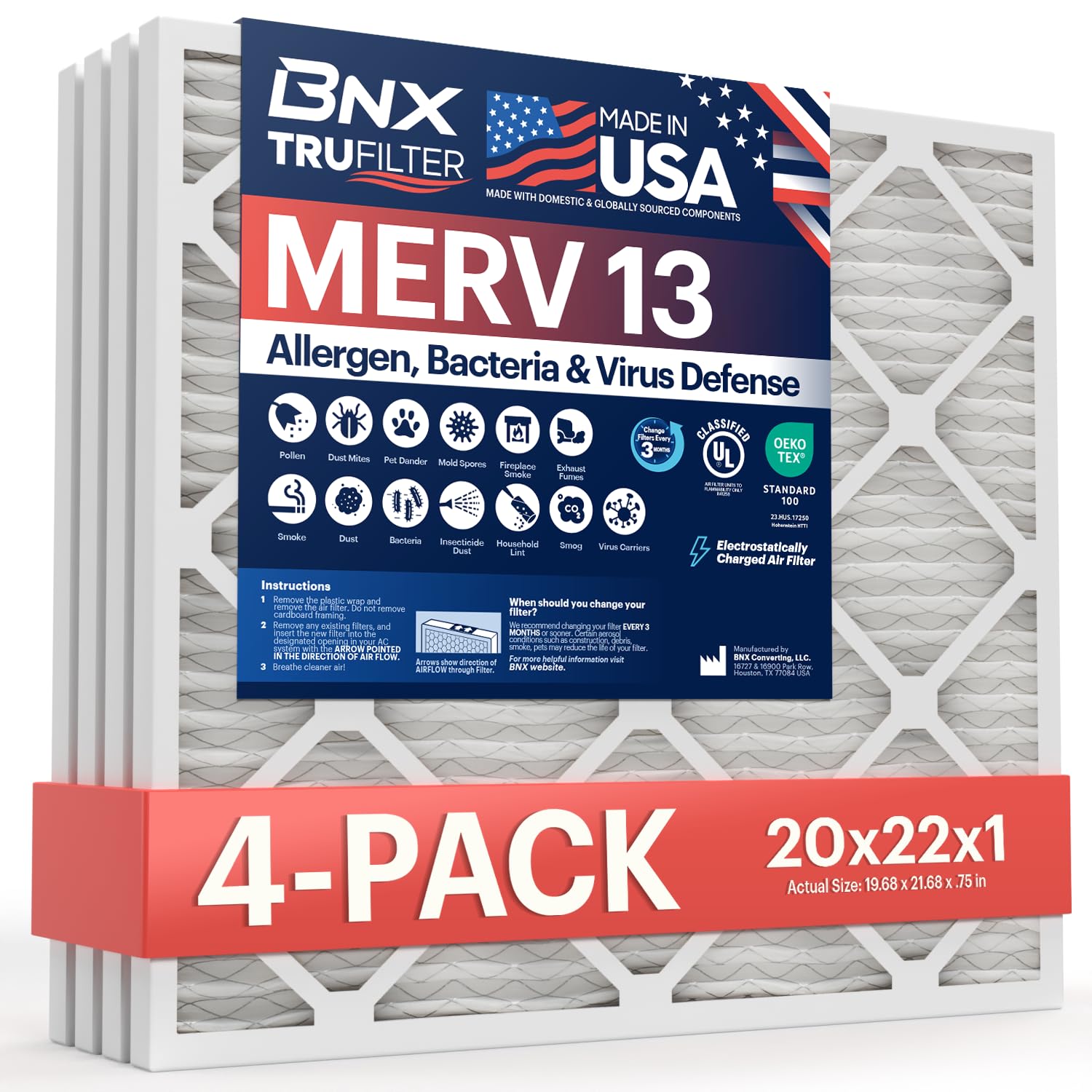 BNX TruFilter 20x22x1 Air Filter MERV 13 AC Filter, HVAC Furnace Filter, 4 Pack (ACTUAL SIZE 19.69"x21.69"x0.75") Allergies, Dust, Pet Dander & Smoke - MADE IN USA - MPR1500 / FPR 10