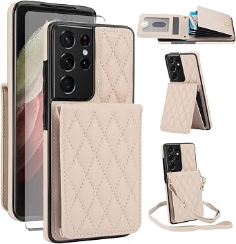 Phone Case for Samsung Galaxy S21 Ultra 5G Wallet Cover with Screen Protector Credit Slot Card Holder Crossbody Strap Stand and RFID Blocking S21ultra 21S S 21 21ultra G5 Women Men Girls Beige