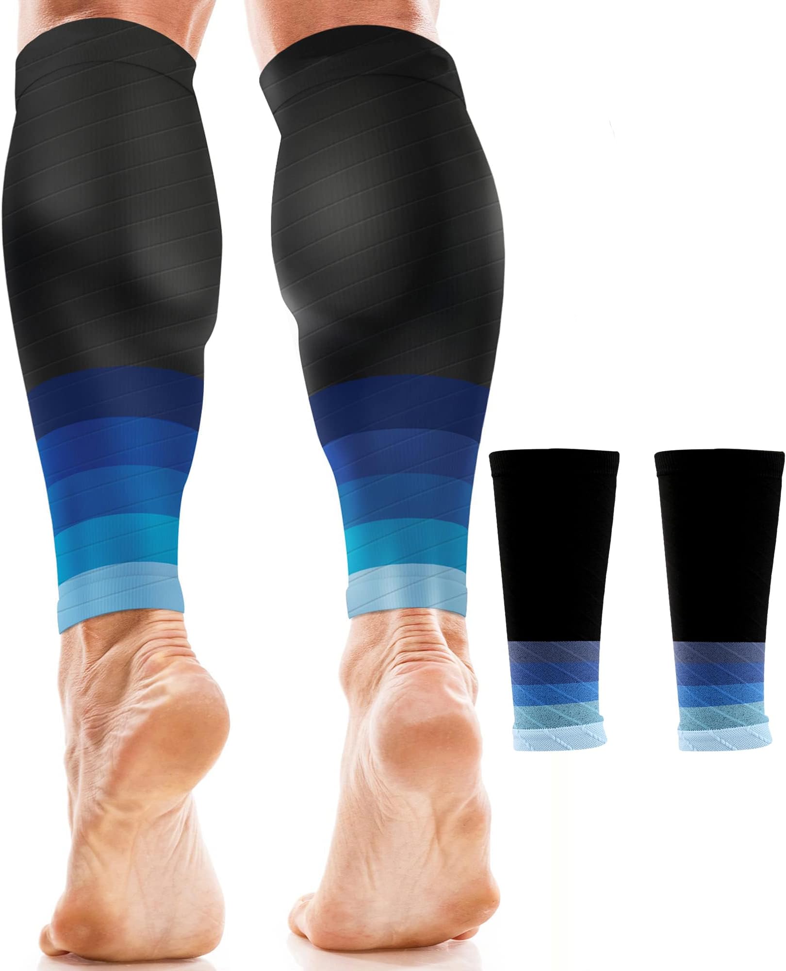 Sweet seven Calf Support Compression Sleeves ( 1 Pair) for Men, Women | Running, 20-30mmHg Class 2 | Shin Splints Relief, Muscle Pain, Cramps | L-XL, Black w/Blue