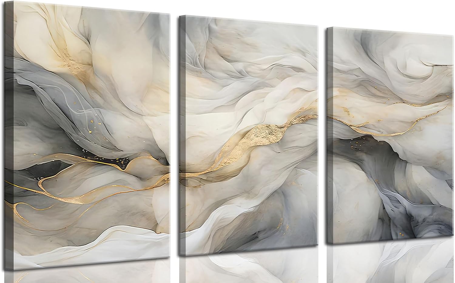White and Grey Canvas Wall Art Set of 3 Abstract Beige Gold Marble Fluid Wall Decor Pictures Neutral Modern Minimalist Posters Prints for Living Room Bedroom Home Decoration 16x24in Gray Gold 24L" x 16W"