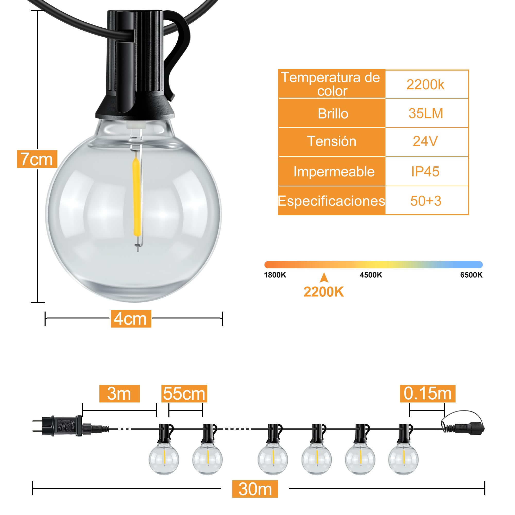HeiPard Guirnalda Luces Exterior 30m, 50 +3 G40 Bombillas LED, Impermeable IP45 para Navidad, Jardín, Terraza | Control Remoto RF, 3 Modos, 4 Niveles Brillo, Temporizador, Memoria, Calidez 2200K