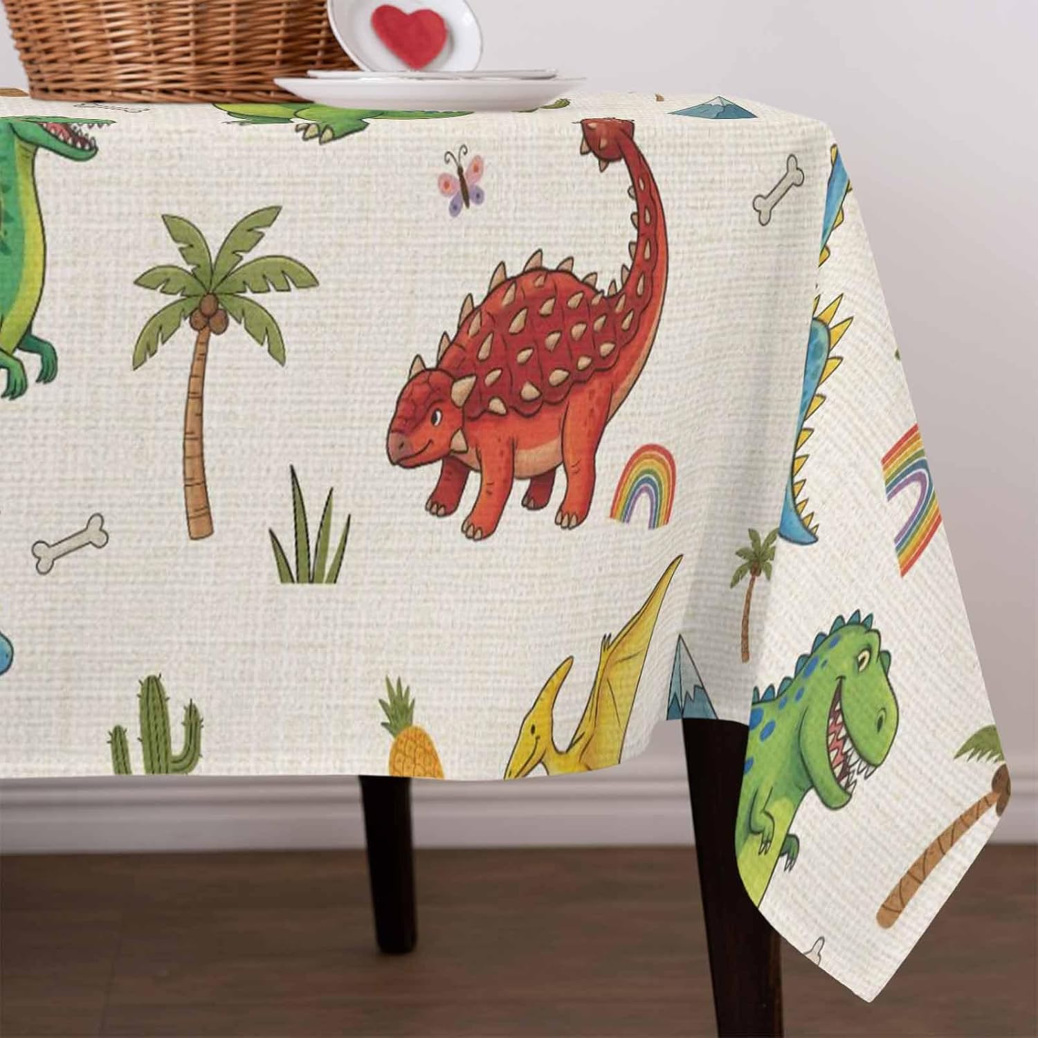 Children's Day Waterproof Table Cloth Cartoon Green Blue Dinosaur Cactu Rainbow Linen Texture Waterproof & Wrinkle Table Cover, Washable Polyester Soft Fabric Table Cloth for Outdoor Indoor Parties
