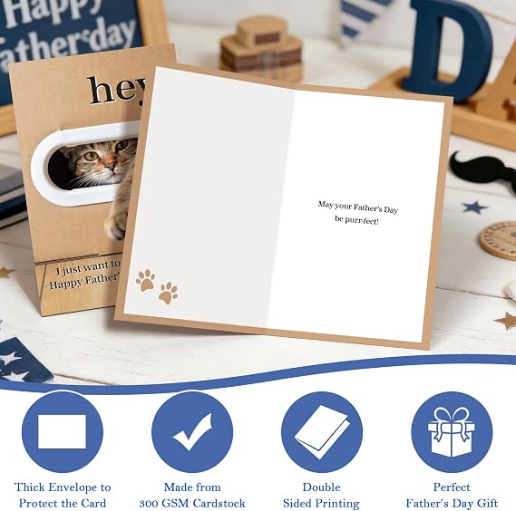 Qiliji Funny Cat Father's Day Card for Men, Cute Father's Day Card for Cat Lover, Cats Fathers Day Cards Gifts from Wife Daughter Son, Hey I Just Want to Say Happy Father's Day