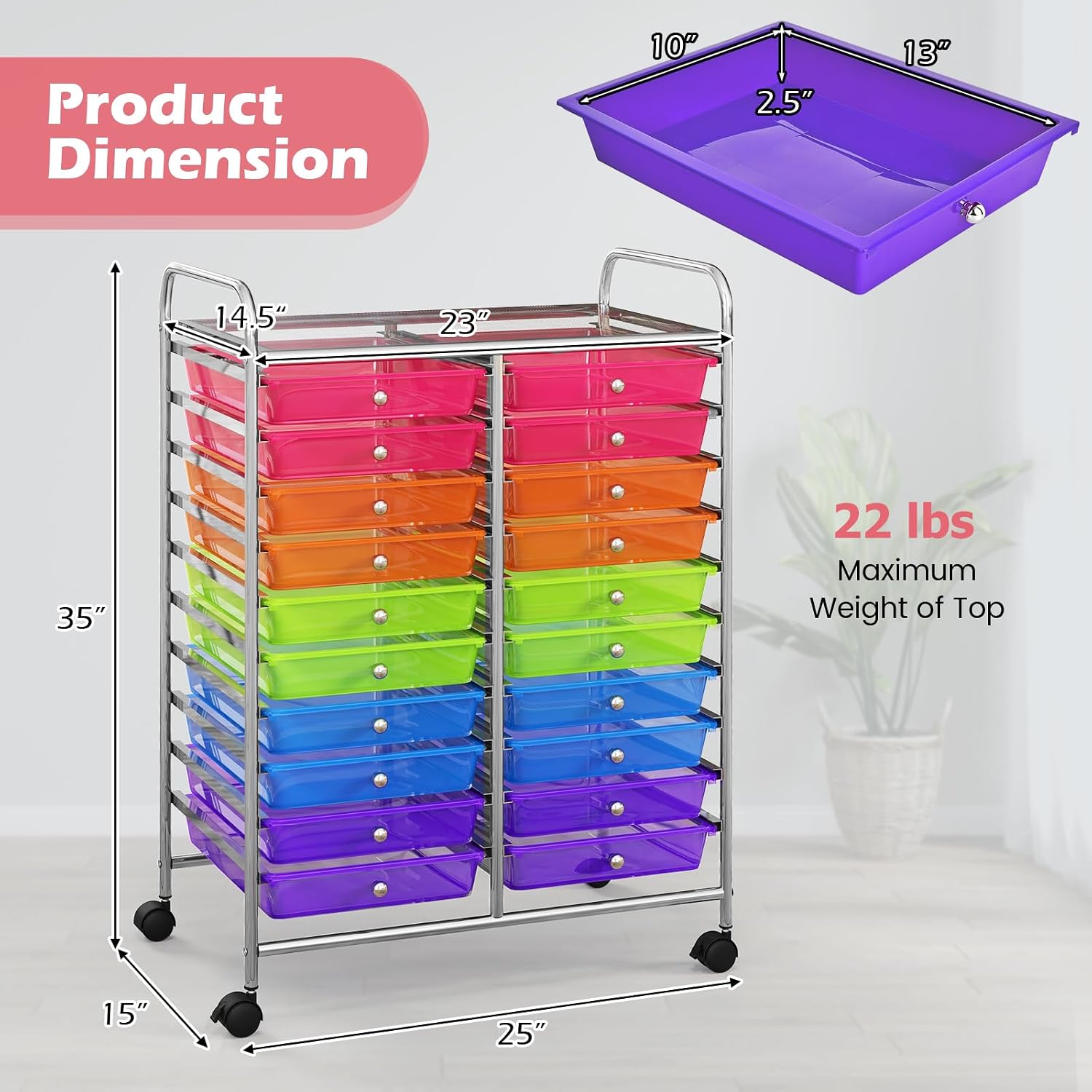 RELAX4LIFE 20 Drawer Rolling Storage Cart, Mobile Rolling Cart w/Drawers for School Classroom Teacher Office Home Salon, Paper File Art Supply Craft Organizer, Utility Cart on Wheels (Rainbow)