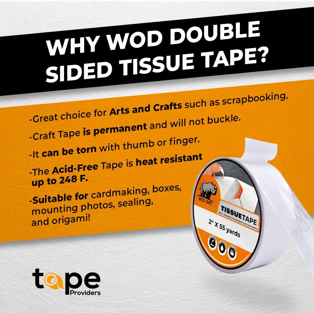 WOD DCTT32W Double Sided Adhesive Tissue Craft Tape - 3 inch x 55 yds. Acid Free, Permanent, & Heat Resitant - for Scrapbooking Paper, Cards, Origami, Ribbon, Glitter, and Boxes