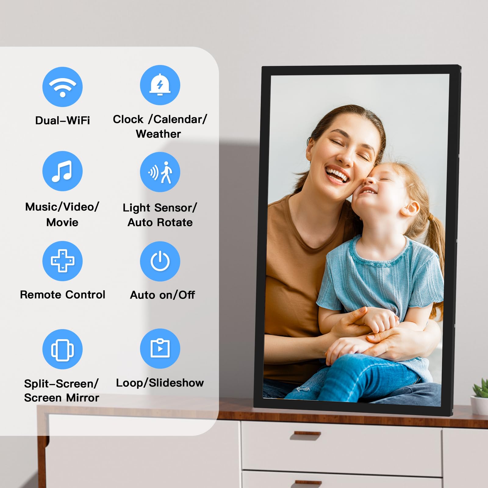 Grand cadre photo numérique 54,6 cm WiFi – 32 Go, 1920 x 1080 IPS FHD 1080p, rotation automatique, partage de photos et vidéos via application e-mail, stockage gratuit dans le cloud, montage mural,