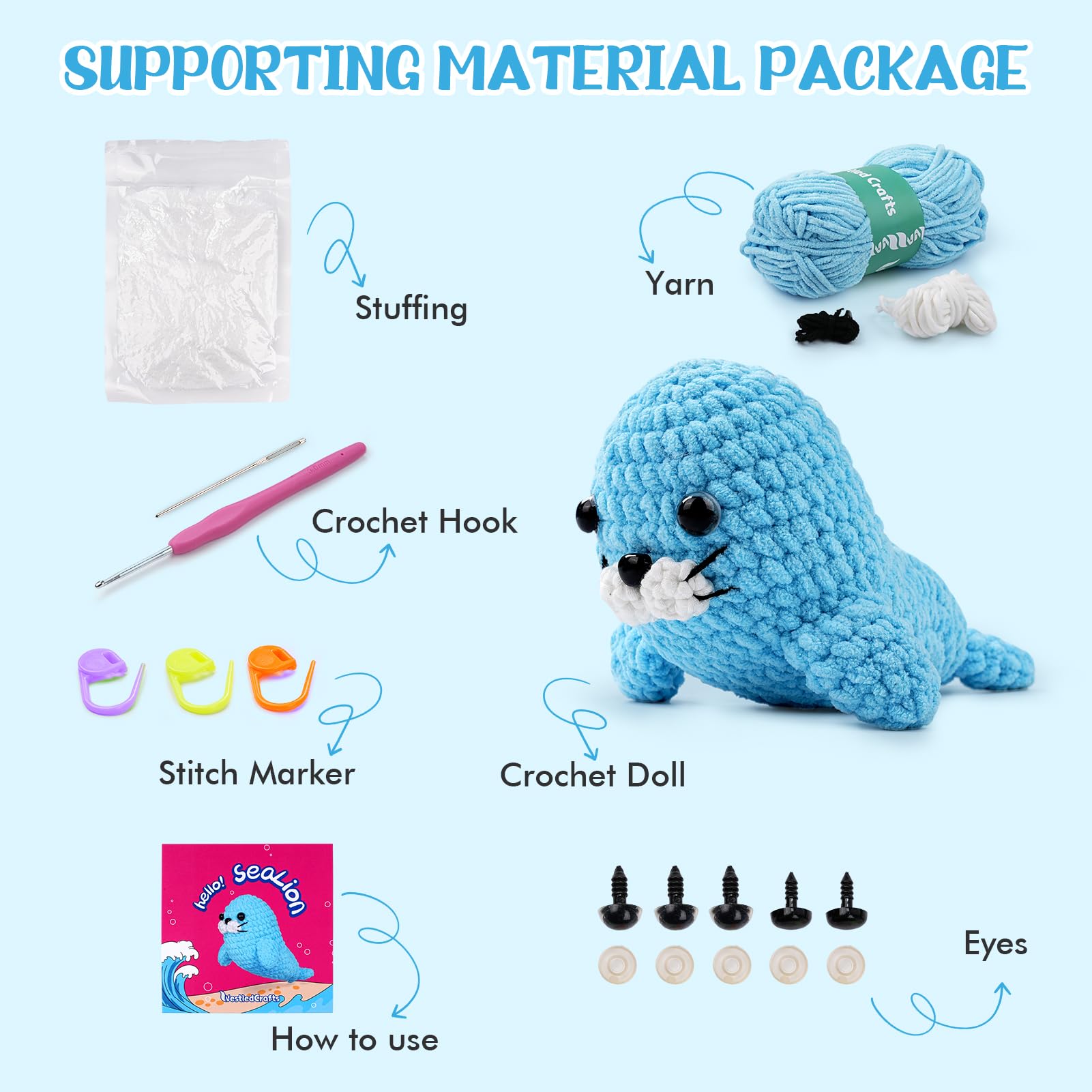 Wadukud Kit completo de ganchillo de león marino para principiantes, juego de iniciación de amigurumis con tutoriales en video, regalo para niños