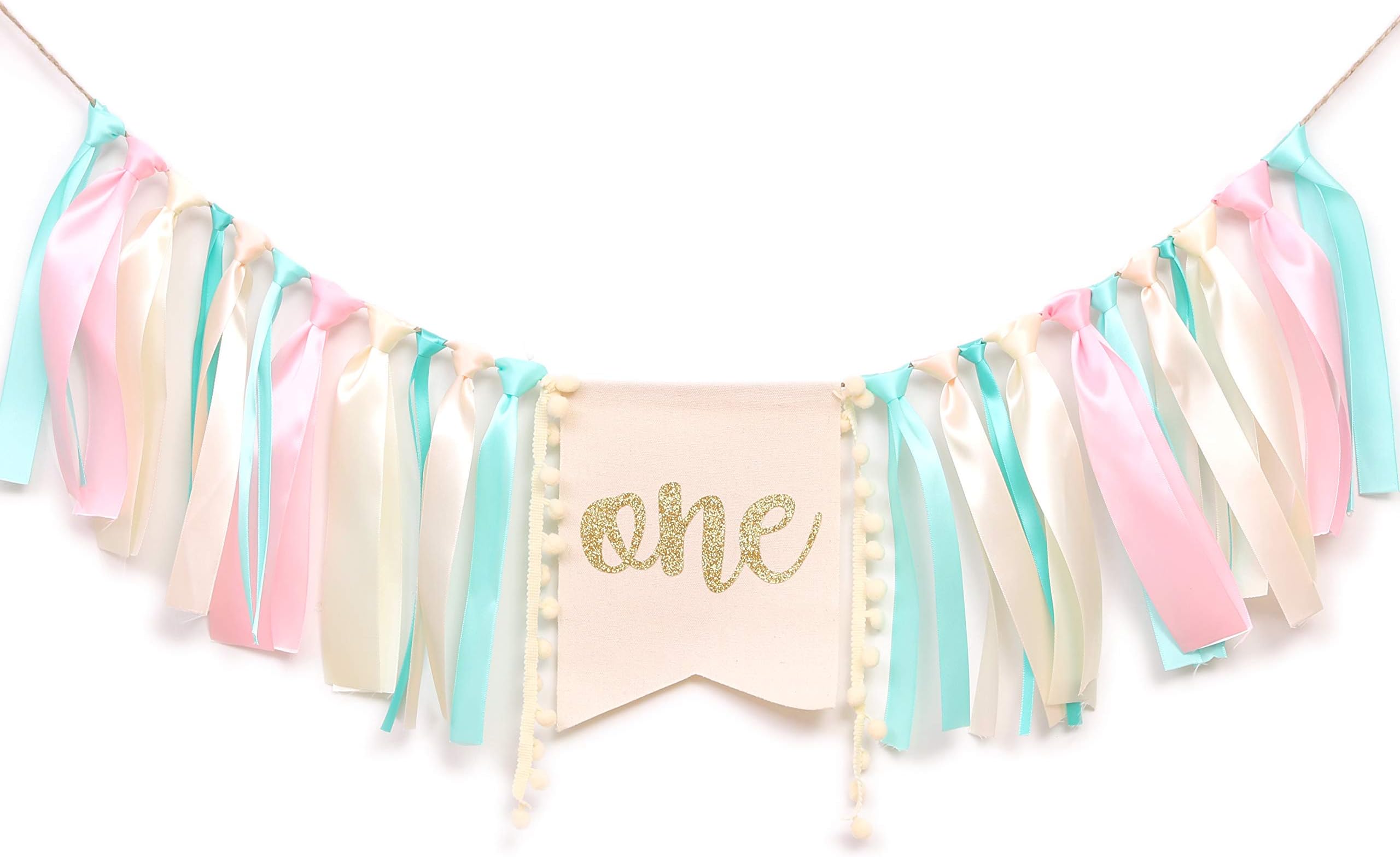 WAOUH Baby Girl Banner - First Birthday Decoration, Cake Smash Photo Prop, Gold Birthday Sign (Pink and Mint)