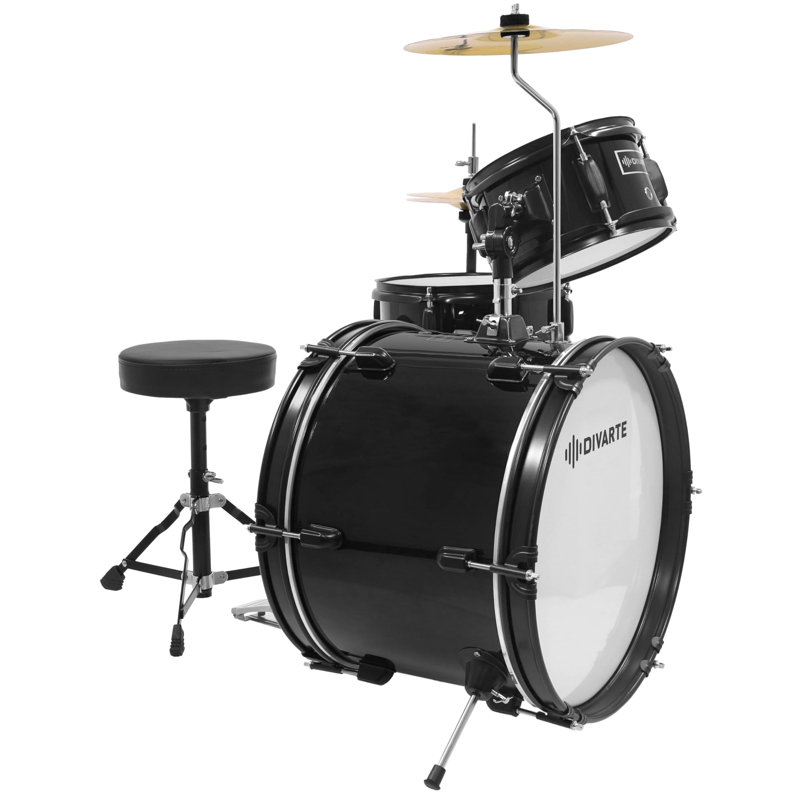 Junior DrumSet Black, kit di batteria regolabile per bambini, dai 6 anni, set di batterie acustiche per principianti con sedile regolabile, piede di charleston e bacchette inclusi.
