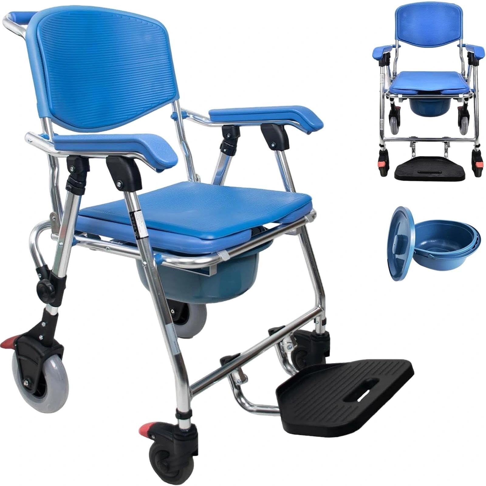 Silla Ducha WC con Ruedas Plegable, 4 en 1 Silla para WC y Ducha para Enfermos, Ancianos, Discapacitados y Embarazadas, Silla para Ducha para Personas Mayores con Ruedas Soporta hasta 150 kg