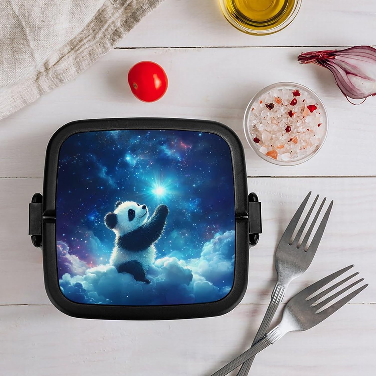 Panda Sky Bento Box with Spoon 2 Layer Food Container Cute Lunch Box for Travel Dining Work