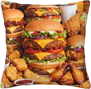 Hamburgers, Fried Chicken and French Fries Print Throw Pillow Covers, 16"x16" Decorative Pillowcase Cushion Covers, Home Decor for Sofa Couch Bed Living Room (No Pillow Inserts)