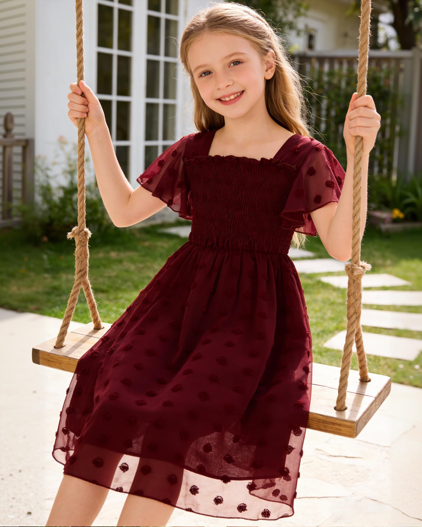 Kids4ever Vestido de gasa para niñas de 6 a 12 años con pompones sólidos y volantes de manga corta para niños con cuello cuadrado